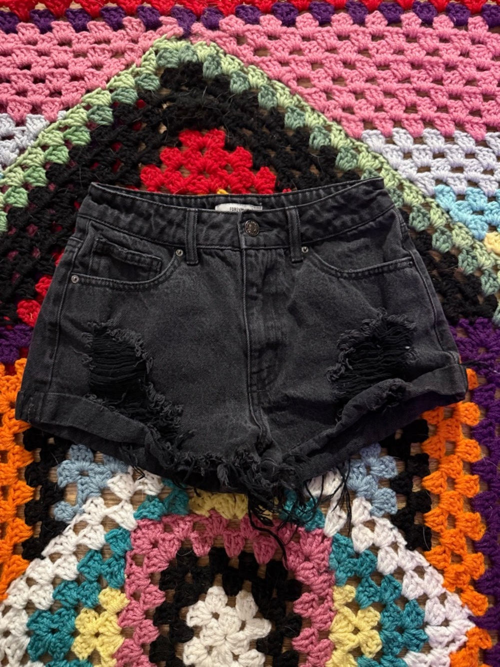 Forever 21 Black Distressed High-Rise Denim Shorts